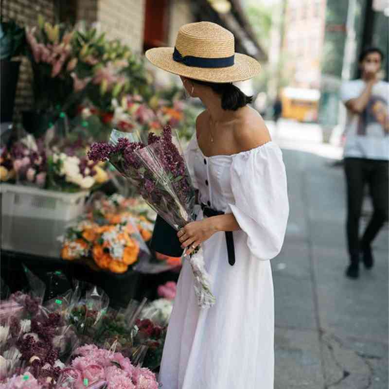 Women Dress Slash Neck Off Shoulder Maxi Temperament White Ladies es High Waist Single Breasted Long es 210513