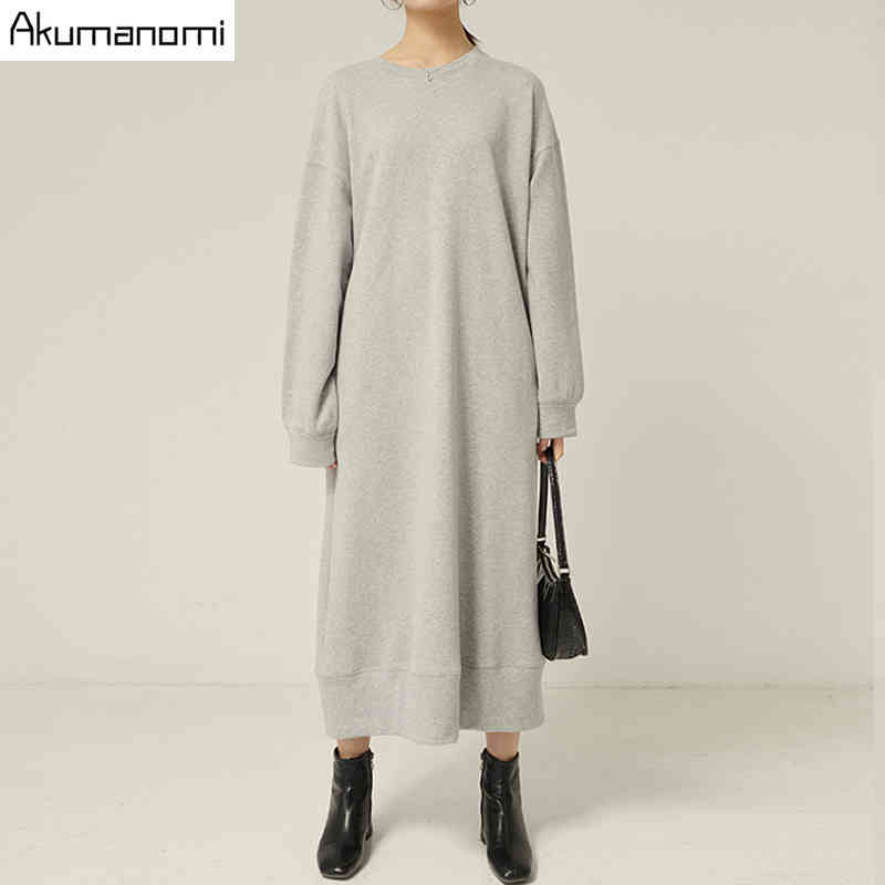 autumn spring plus size maxi dresses for women xxxl 4xl 5xl 6xl 7xl gray o neck long sleeve Casual fall dress with pockets 210409