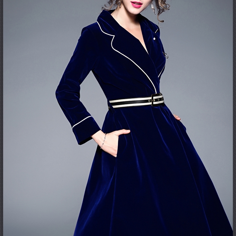 High Quality Runway Women's Notched High-End Velvet Dress Double-Breasted Winter Long Sleeve Vestidos 210520