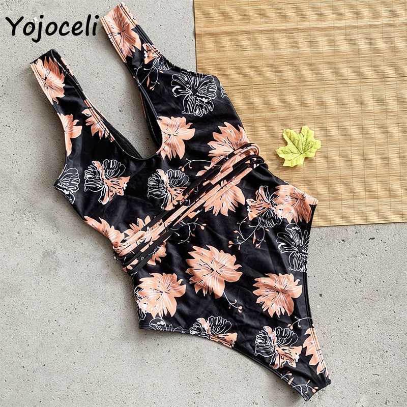 Yojoceli summer holiday floral print bandage bodysuit women hollow out sexy beachwear bikini 210609