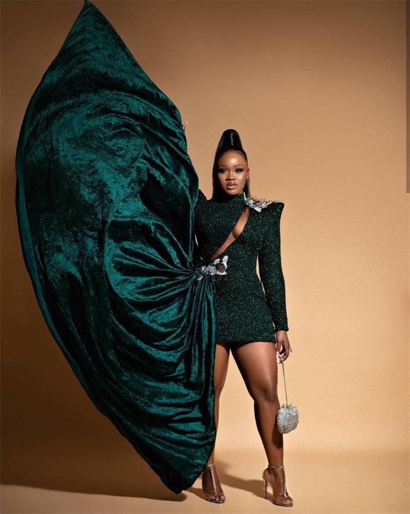 Dark Green Glitter Evening Dresses With Detachable Velvet Train High Neck Long Sleeves Formal Prom Dress Mermaid Dubai Custom Made Sexy Illusion Short