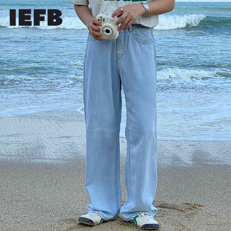 IEFB Summer Light Blue Jeans Men's High Waist Lightweight Wide Leg Denim Long Pants Causal Fashion Clothing 9Y7420 210524