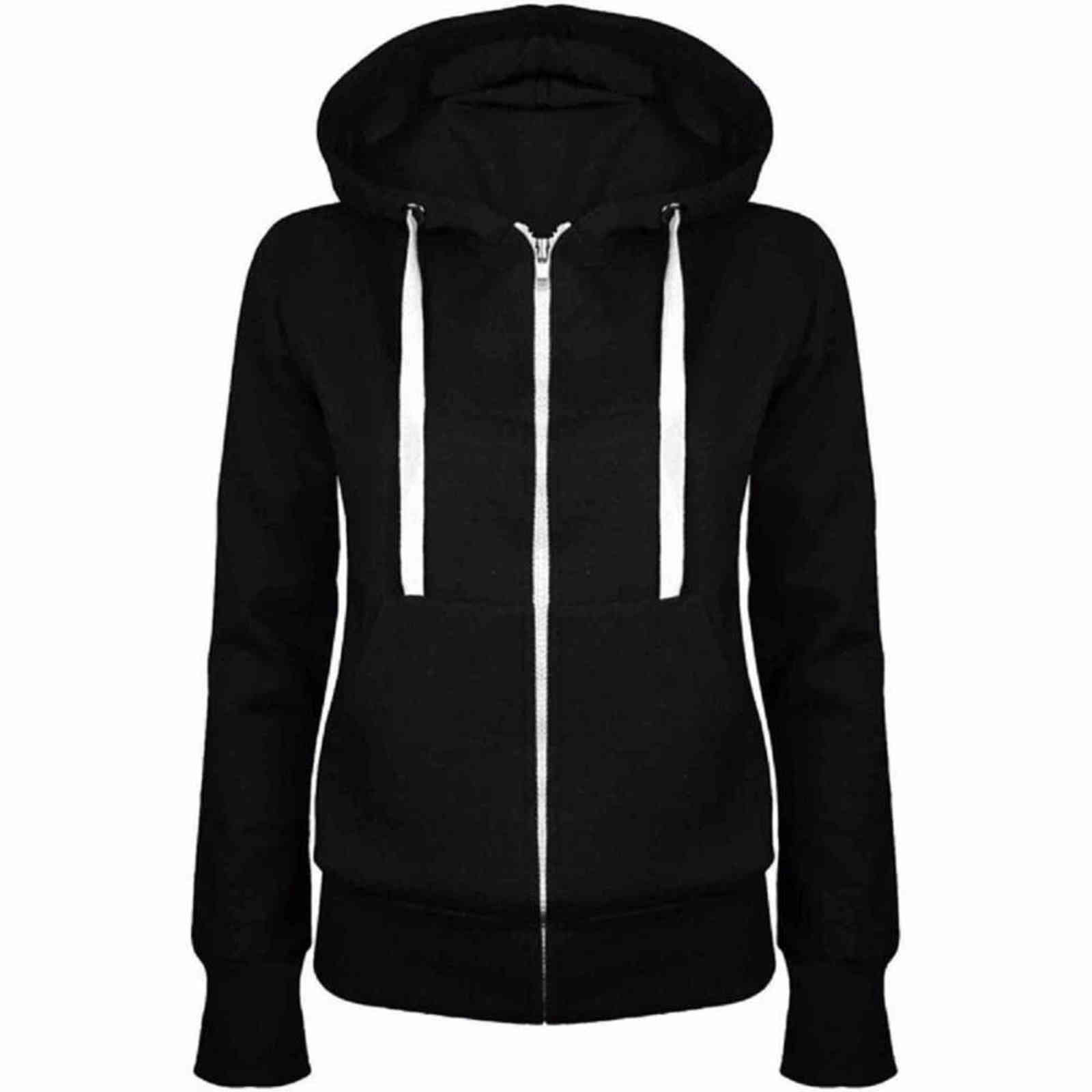 Solid Women Sweatshirt Hoodies Zipper Autumn Spring Fashion Casual Black Hooded Sweatshirt Long Sleeve Coat Pullovers 211109
