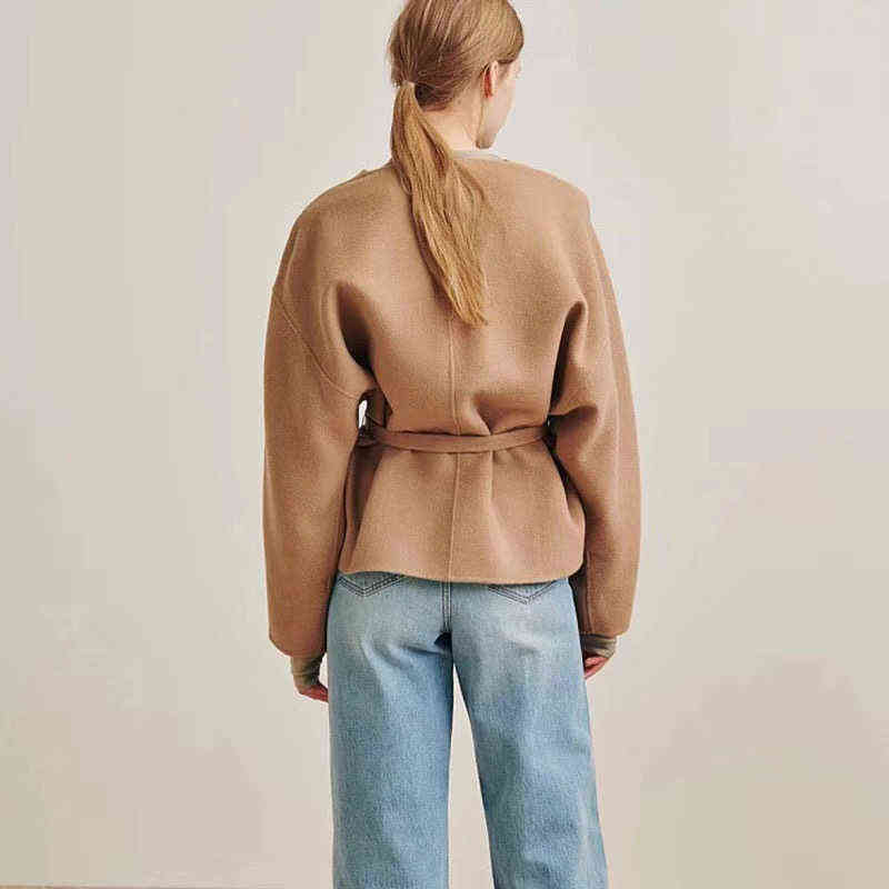 Totem* Wool coat short Cardigan Cassic ANNECY series V-neck Cardigan arc si-shaped Silhouette Belted Jacket Tight Waist 211130