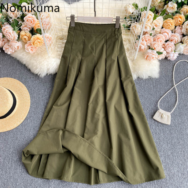 Nomikuma Safari Style Vintage Woman Skirts Korea Pleated High Waist A-line Skirts Spring Summer New Faldas Mujer Moda 6G772 210427