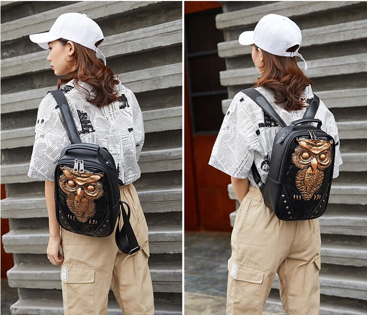 Fashion 3D Embossed Owl Backpack bags for women men travel Rivet giris Bag personality waterproof Lady Cool School Bags