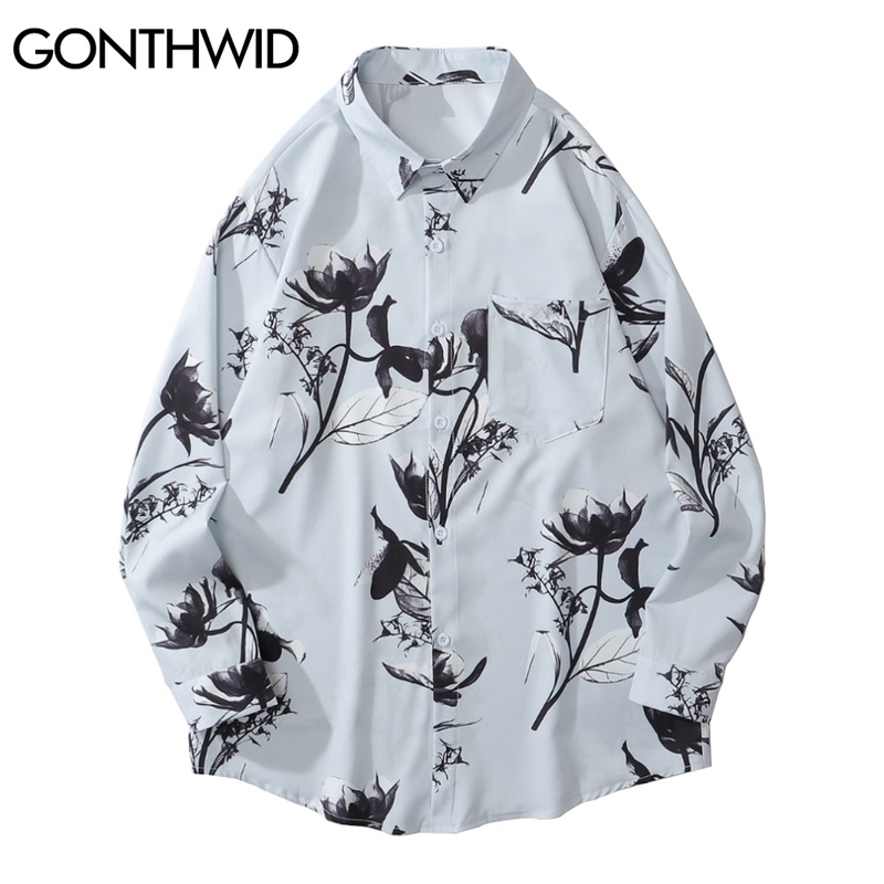 GONTHWID Hawaiian Beach Shirts Graffiti Flowers Print Long Sleeve Button Shirts Hip Hop Casual Harajuku Holiday Party Blouse 210410