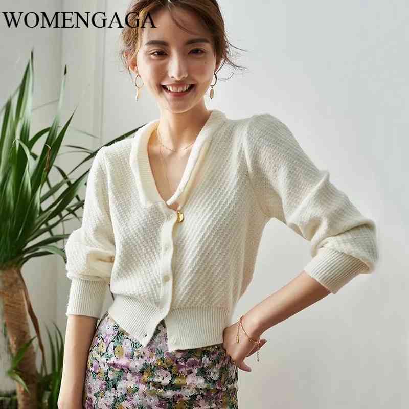 WOMENGAGA Autumn Winter Women Collared Textured Stitch Tops Knit Cardigan With Ribbed Cuffs Sweater SUYP 210603