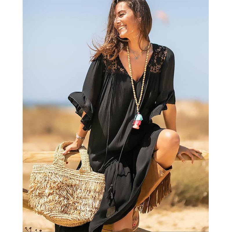 Casual Bikini Cover-ups Black Cotton Tunic Summer Beach Dress Women Plus Size Wear Swim Suit Cover Up Robe de plage Q1157 210420