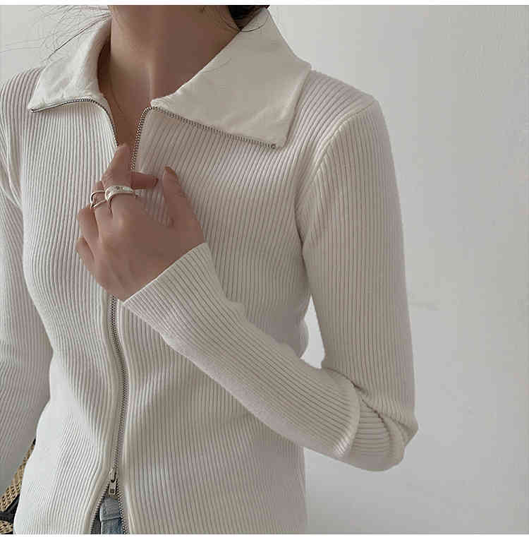 Long Sleeve Solid Women Vintage Sweater Autumn Korean-Style Knitted Zip Cardigan Stripe Woolen Korean Top 2001C 210420