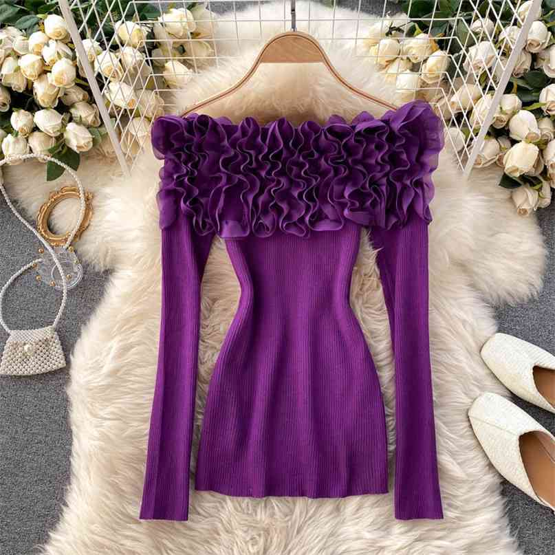 Autumn Winter Women Knitted Sweater Mesh Ruffled Petal Slash Neck Off Shoulder Long Sleeve Slim Knit Top Chic 210603