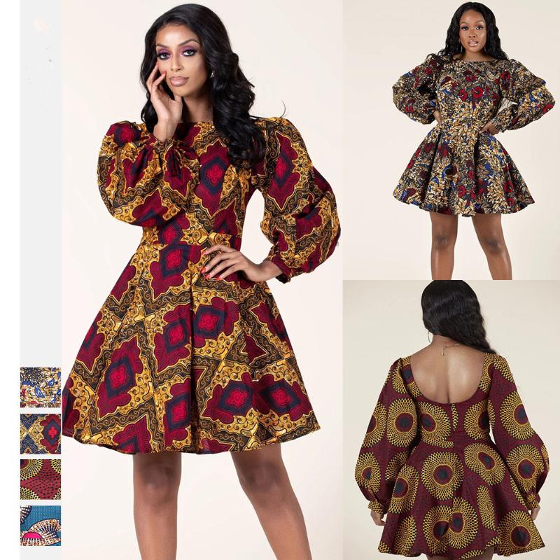 African Style Digital Printing Autumn Women's Sexy Backless Long-sleeved Dress Ethnic Big Swing Casual Dresses