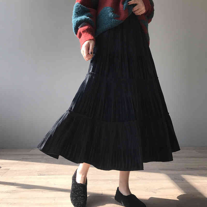 High Waist Skirt Pleated Gold Velvet Autumn Winter Women Bottoms Fashion Elegant Solid A-line Long Skirts 210421