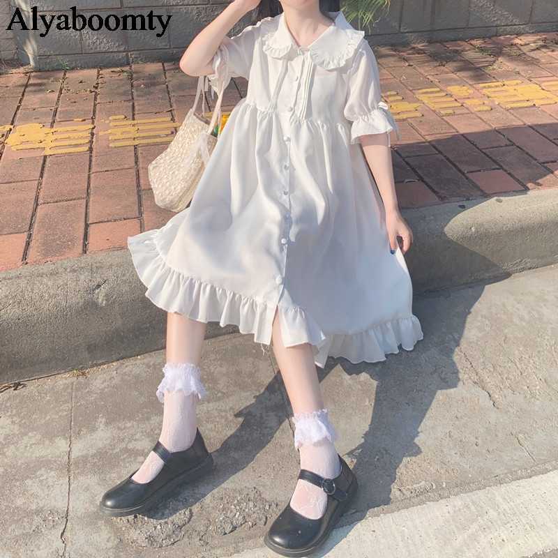 Japanese Lolita Style Summer Women White Dress Peter Pan Collar High Waist Loose Flare Sleeve Chiffon Cute Kawaii es 210623