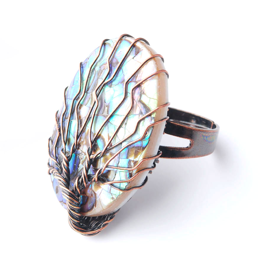 WOJIAER Antique Rings for Women Vintage Finger Jewelry Natural Abalone Shell Bead Wire Wrapped Tree of Life Adjustable Ring W9312