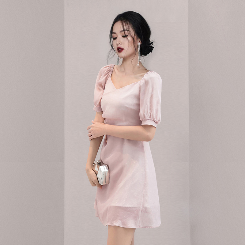 Women's Dress Summer Elegant V-Neck Puff Sleeve Chiffon Mini Dress Female Ruched Slim Waist A-Line Dress 210518
