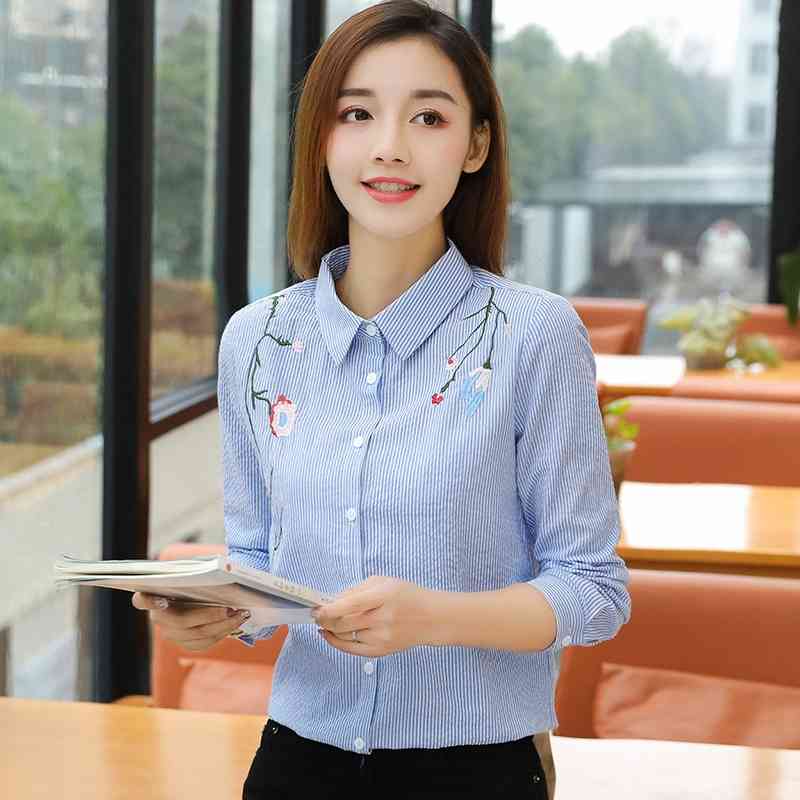 fashion stripe office lady shirt women blouse long sleeve embroidery tops plus size 's clothing blusas D853 30 210506