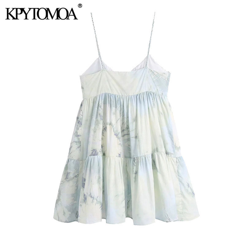 Women Chic Fashion With Ruffles Tie-dye Print Mini Dress Backless Thin Straps Female Dresses Vestidos 210420