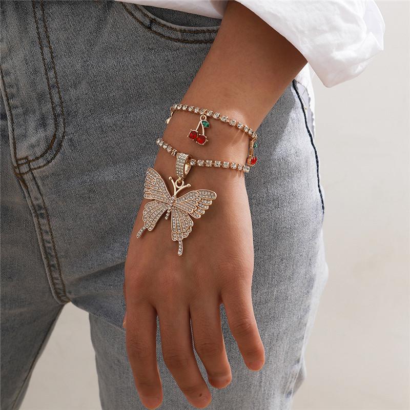 European Large Colorful Butterfly Pendant Bracelets Full Diamond Cherry Tassel Hand Chain Women Alloy Animal Fruit Gold Bracelet Ornaments Wholesale