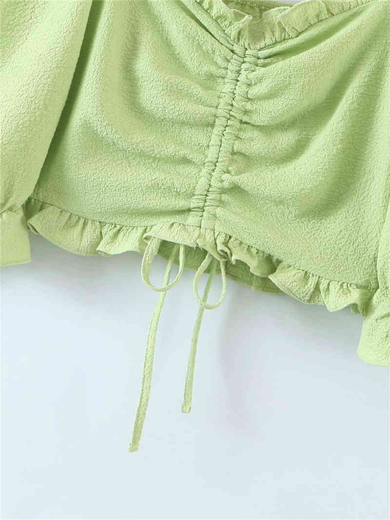 Elegant Women Square Collar Shirts Fashion Ladies Ruffles Drawstring Short Tops Sweet Female Chic Puff Sleeve Blouses 210430