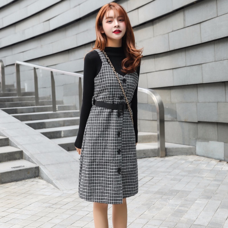 Autumn Winter 2 Piece Set Woman fashion Long Sleeves Knitted T-shirt + Vest Plaid Tweed Dress Female Outfits 210519