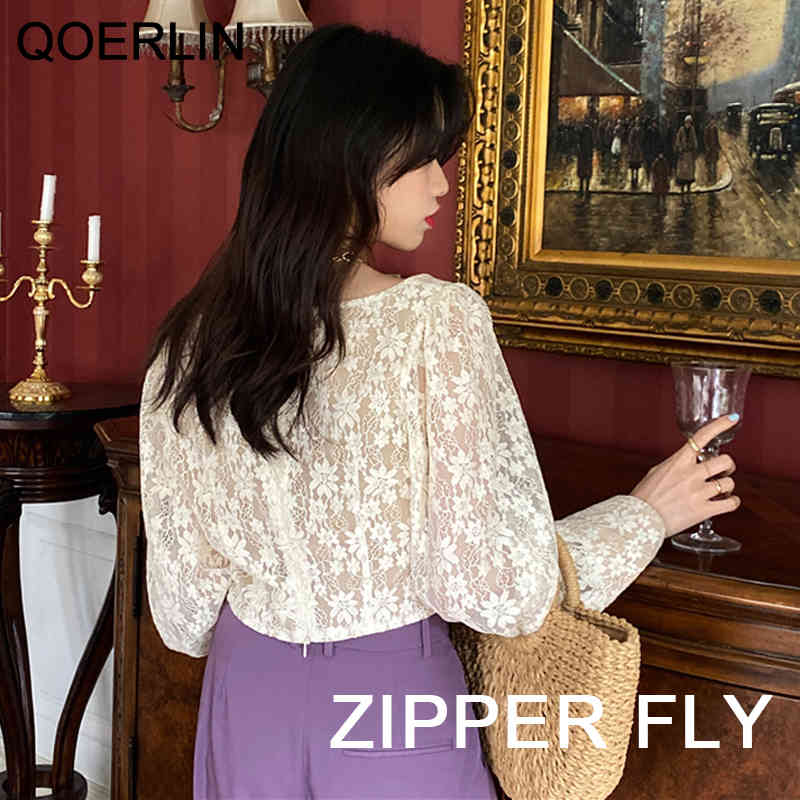 QOERLIN Puff Sleeve Embroidered Hollow Out Cropped Tops Spring Summer Retro Square Neck Blouse Women Short Lace Shirts Plus 210412