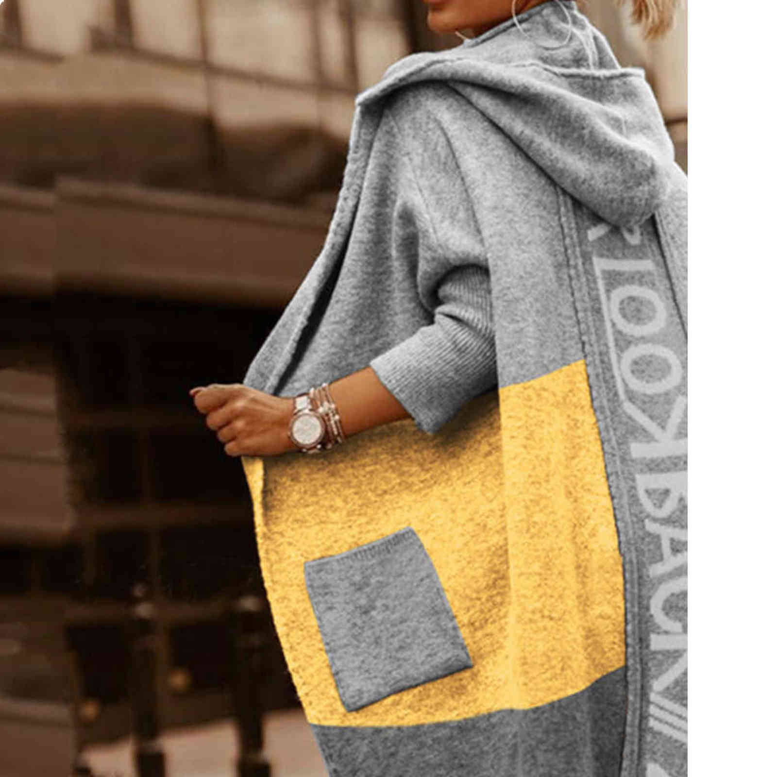Women's Knitted Mid-length Hooded Cardigan Letter Stitching Knitted Sweater Women Jacket 211117