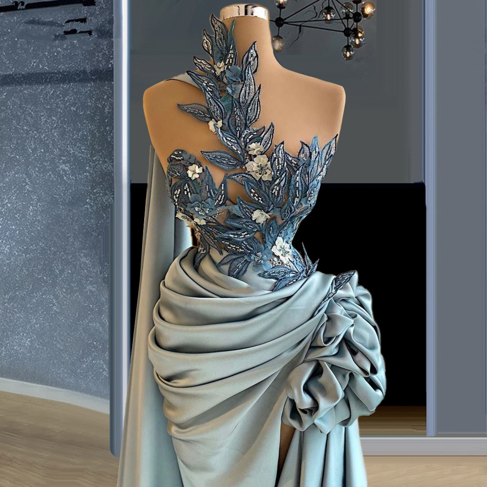 Gorgeous Lace Appliques Mermaid Prom Dresses One Shoulder With Wrap Evening Dress Custom Made Side Split Tiered Ruffles Celebrity Party Gown