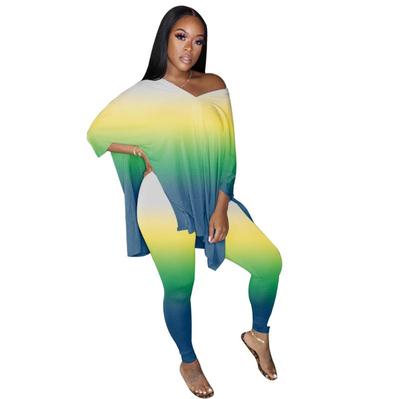 Summer Autumn Women Outfits S--5XL Gradient Half Sleeves Long T Shirt With Split + Leggings Two Pieces Party Sports Sets Women's Tracksuits
