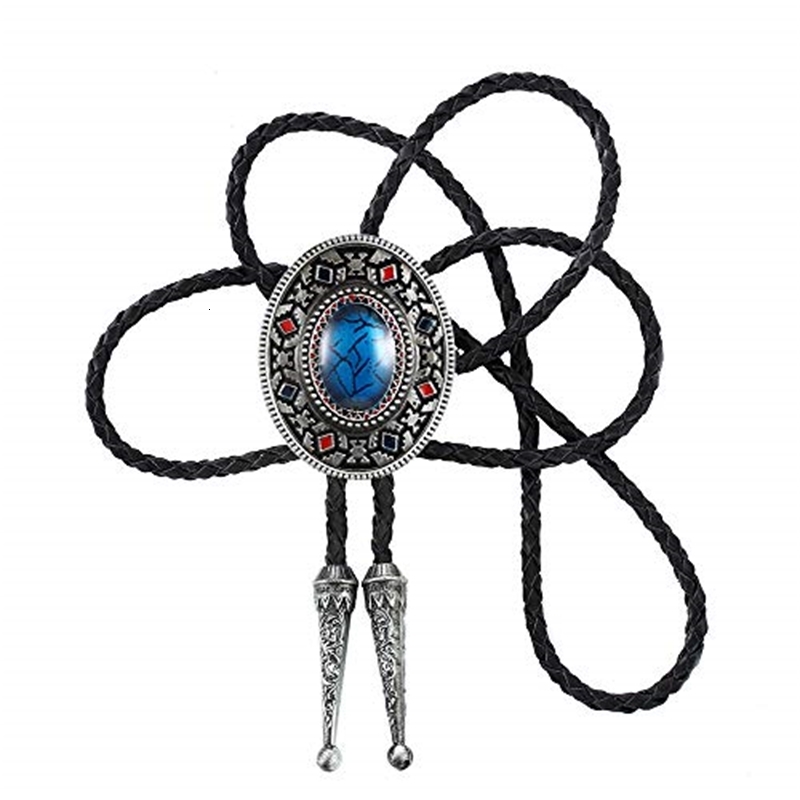 Handmade Southwest Totem Aquamarine Western Cowboy Bolo Tie for Shirt Necktie Metal Necklace Jewelry