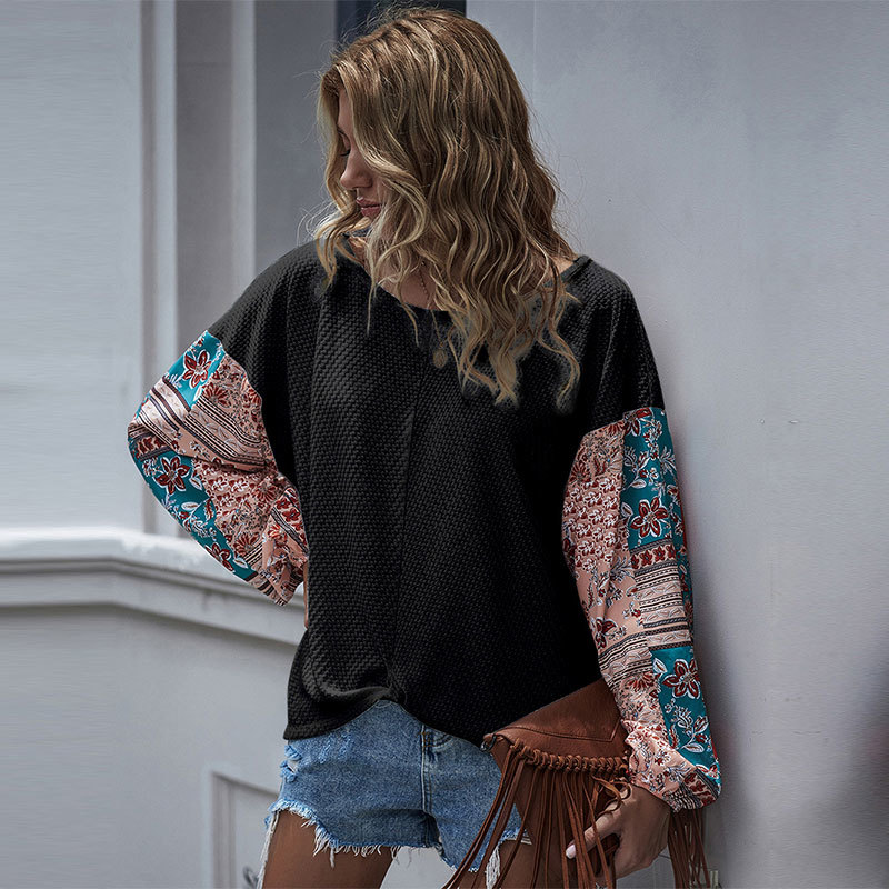 Autumn Winter Elegant Waffle Top Women New Casual O-neck Bohemian Print Batwing Sleeve T Shirt Top 210413
