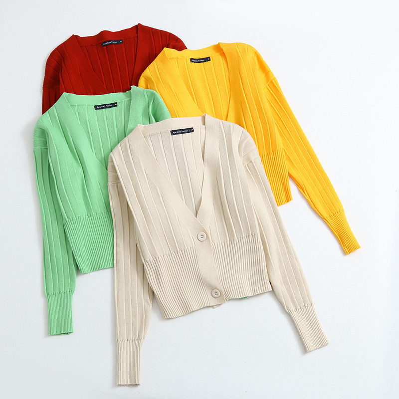 Women Sweater Lantern Sleeve V-Neck Short Cardigans Sweaters Black White Red Yellow All Match Knit 210513