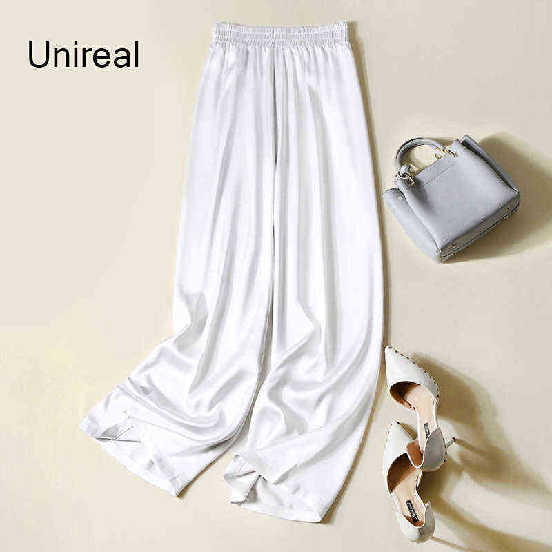 Unireal Summer Women Wide Leg Pants High Waist Casual Trousers Streetwear Black Silk Satin Elegant Long Palazzo 211115