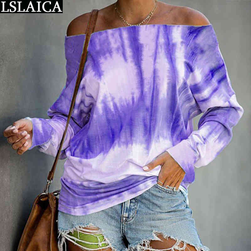 T Shirts Women Summer Long Sleeve Slash Neck Tie Dye Ladies Top Casual Elegant Plus Size S-5XL Streetwear 210520