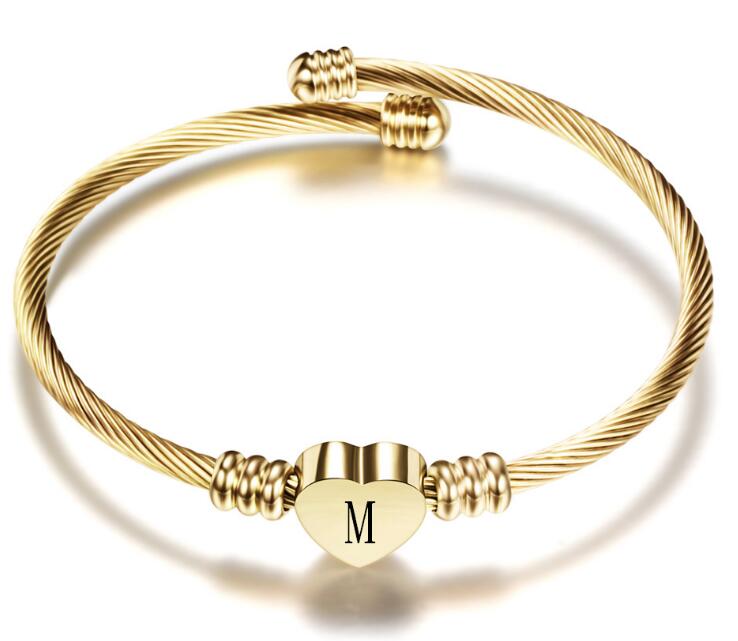 Gold Color Stainless Steel Heart Bracelet Bangle With Letter Fashion Initial Alphabet Charms Bracelets For Women GC601
