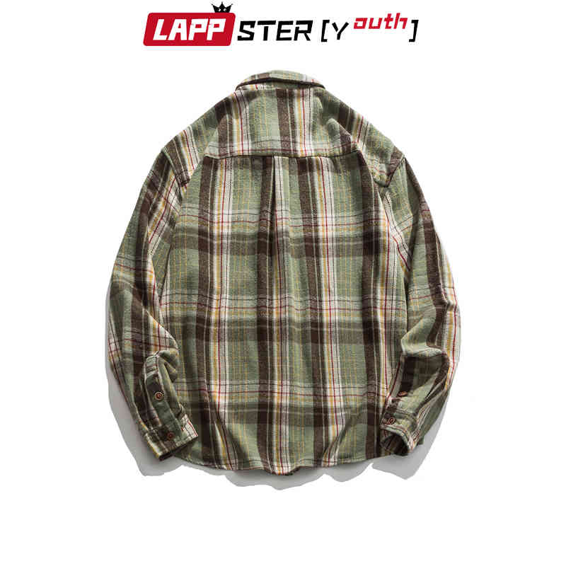 Thick Harajuku Vintage Plaid Shirts Long Sleeve Autumn Male Desginer Kpop Fashions Button Clothing 210420