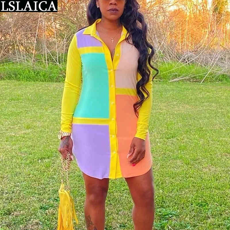 Long Sleeve Shirt Dress Turn-down Collar Colorful Patchwork Button Woman Streetwear Casual Chic Fashion Mini Summer 210515