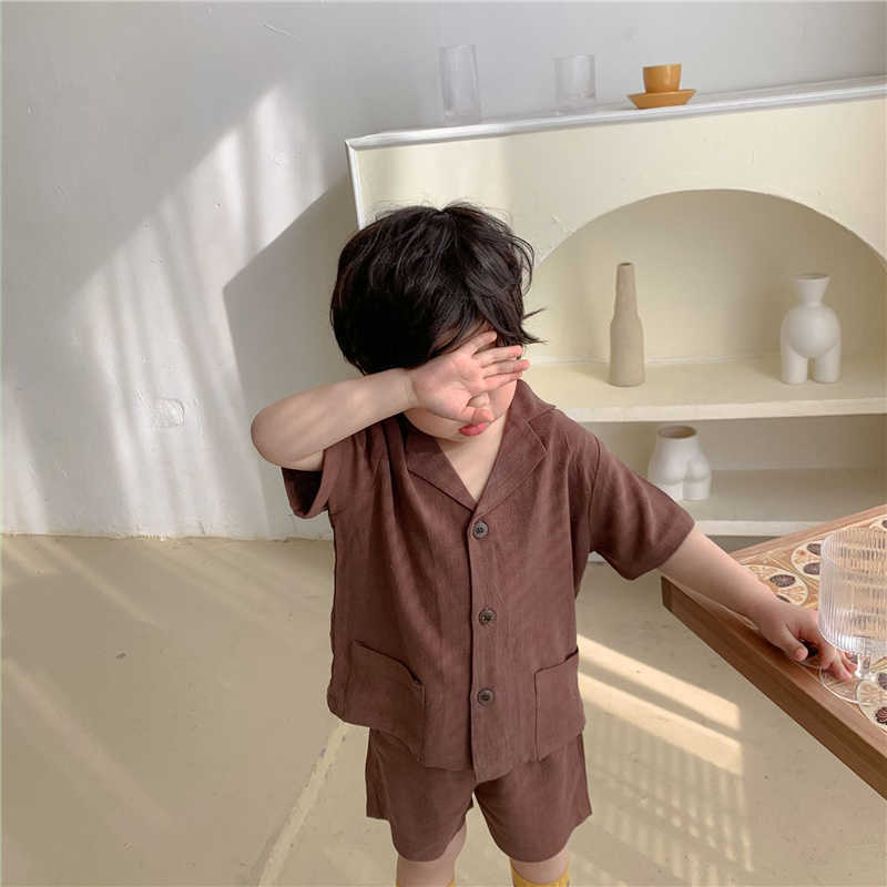 Korean style unisex kids clothes set boys and girls cotton linen short sleeve t shirts shorts 2pcs suit 210615