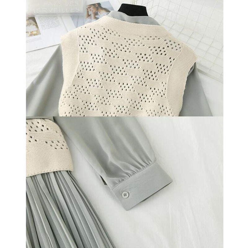 Two Piece Set Women Elegant Pleated Long Dress Knitted Vest + Long sleeve Bow Bandage Dress Fashion Suit 210521