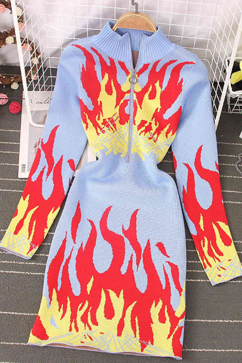 Spring Summer Knitted Long Sleeve Dress Harajuku Flame Print Zipper Stand Collar Ladies Casual Stretch Dresses 210519