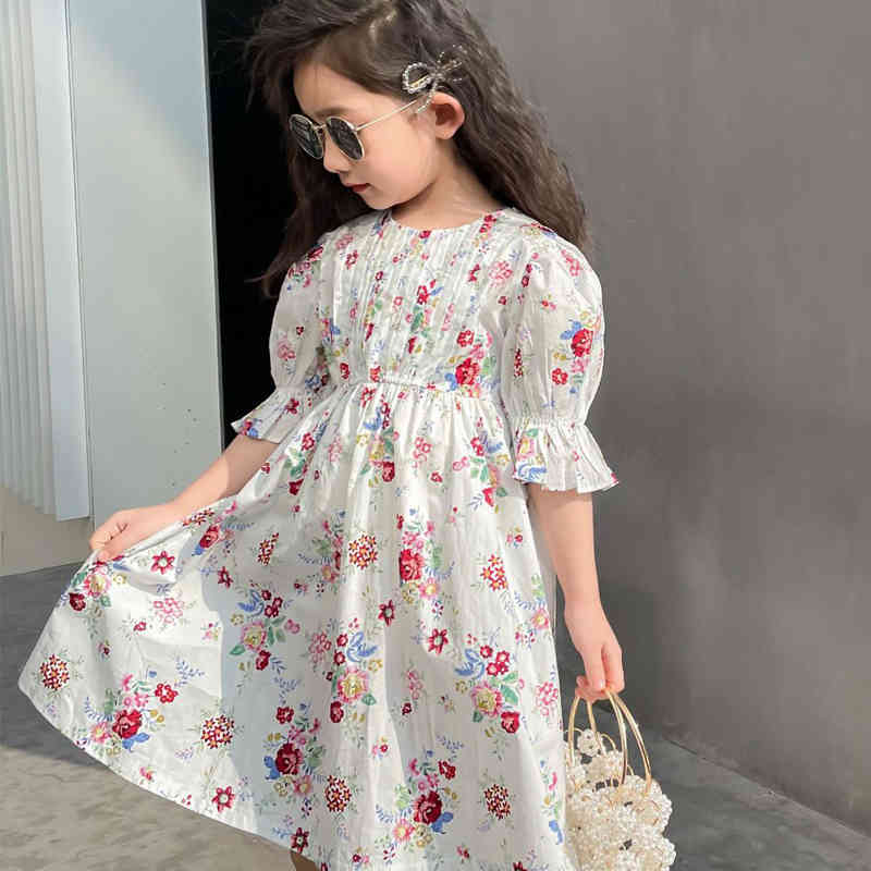Girl's Dress Summer Short-sleeve Floral Print Princess Banquet Toddler Kid Clothes Sweet Children's 210515
