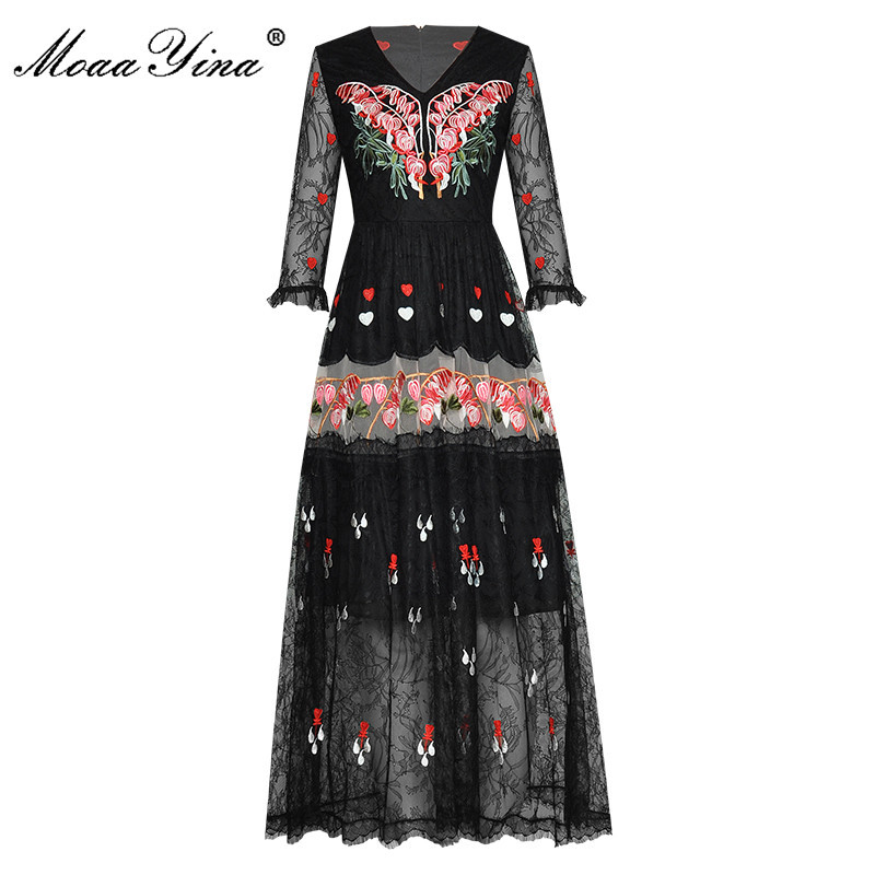 Fashion Designer dress Spring Women's Dress V Neck Mesh Floral Heart-shaped Embroidery Elegant Vintage Black Dresses 210524
Fashion Designer dress Spring Women's Dress V Neck Mesh Floral Heart-shaped Embroidery Elegant Vintage Black Dresses 210524