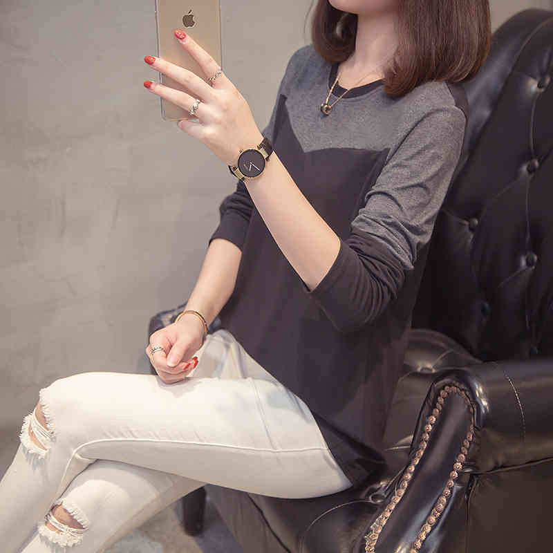 Plus Size Patchwork T-shirts Women Spring Autumn Casual Loose Long Sleeve Tops Tees Korean Style Oversize Ladies Tshirt 210406