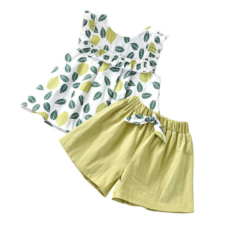Girls Leaves Cotton Bouse and Shorts 2pcs Set for Children Toddler Lovely Summer Outfit Clothing 210529