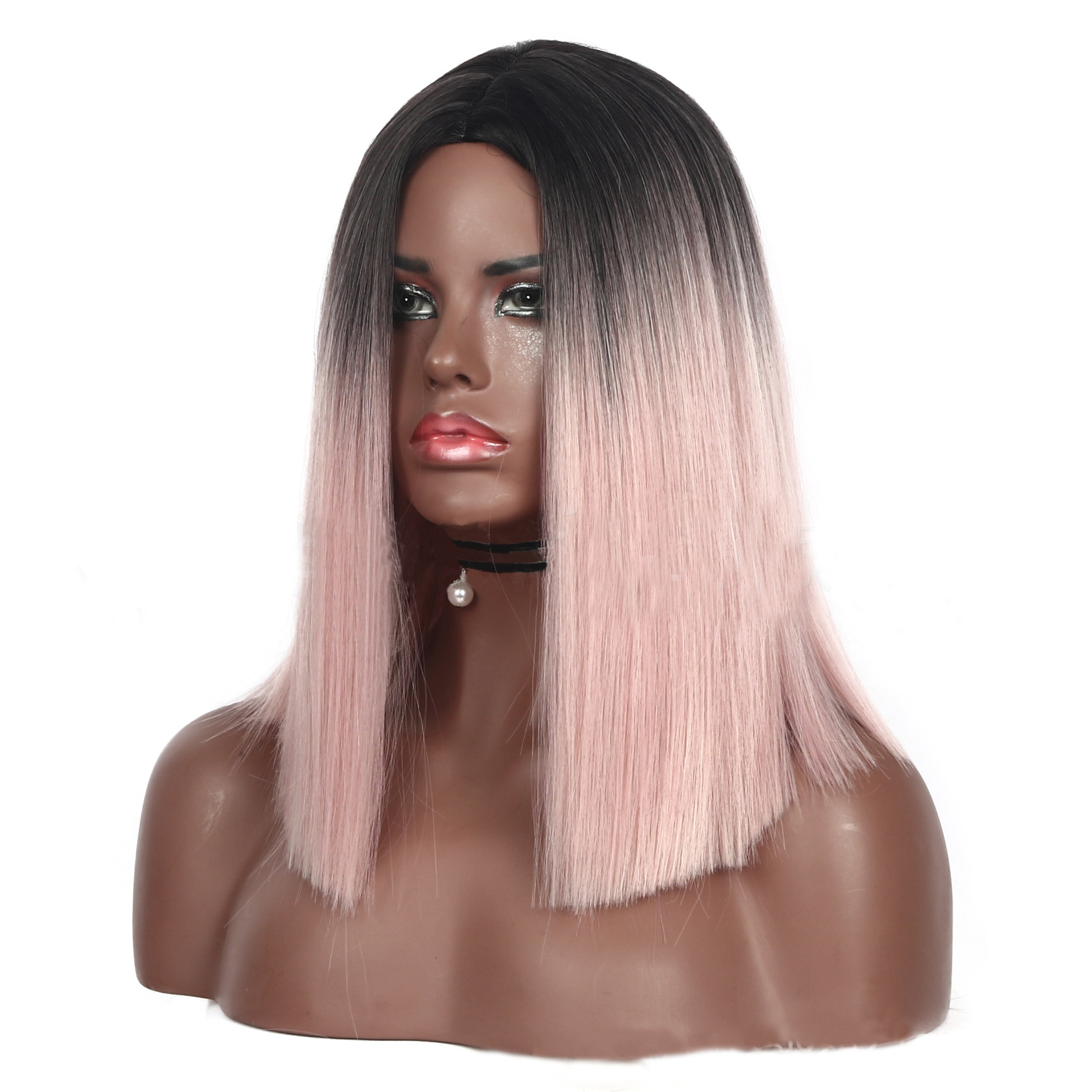 Beautiful Middle Long Straight Pink Ombre Synthetic Fiber BOB Wig for Women free shiping
