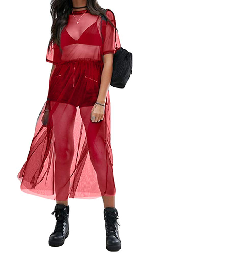 Women Dress Hollow Out Transparent Short Regular Sleeve Round Neck Solid Color High Waist See-through Loose Clothing 210522