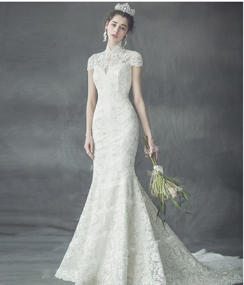 Vintage Wedding Dresses With High-neck Short-sleeves Applique Race Wedding Dress Custom Made With Vestidos De Novia