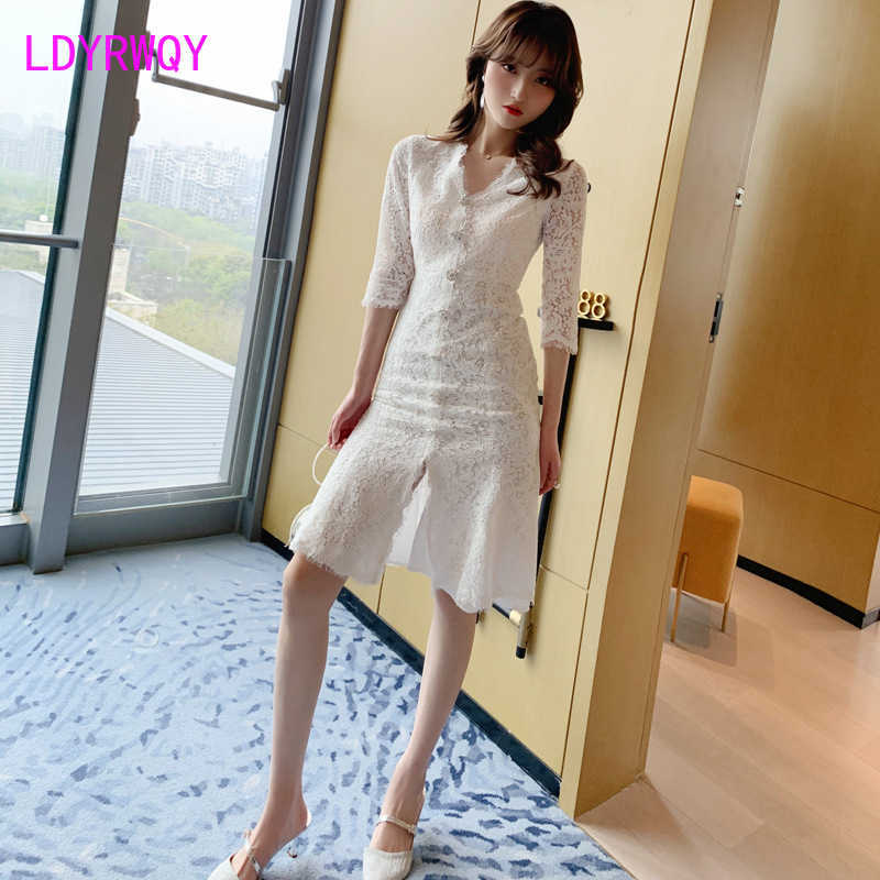 Summer women' ladies V-neck lace single-breasted fishtail dress Three Quarter Knee-Length V-Neck 210603, White
Summer women' ladies V-neck lace single-breasted fishtail dress Three Quarter Knee-Length V-Neck 210603, White