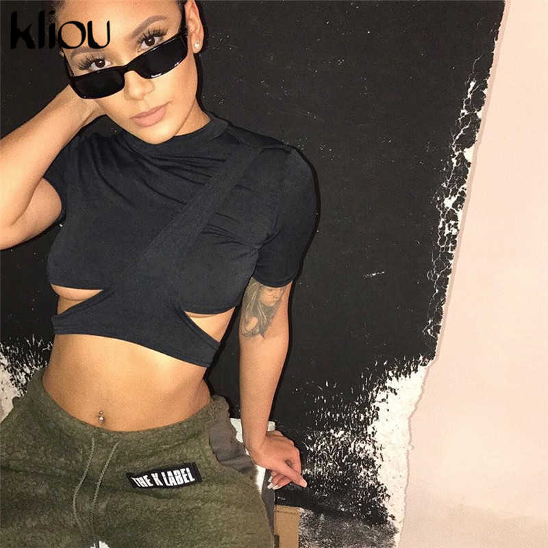 Kliou Classic Sexy Solid Black White O-Neck Short Sleeve T-Shirt Tees Women Strip Hollow Out Casual Crop Tops 210720