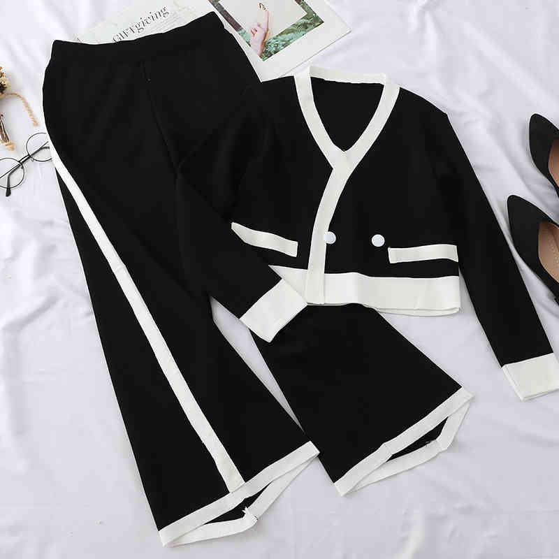 Knitted Two Piece Set Women V Neck Pullovers +elastic Waist Pants Autumn Fashion Outfits Korean Ropa Mujer 17433 210415